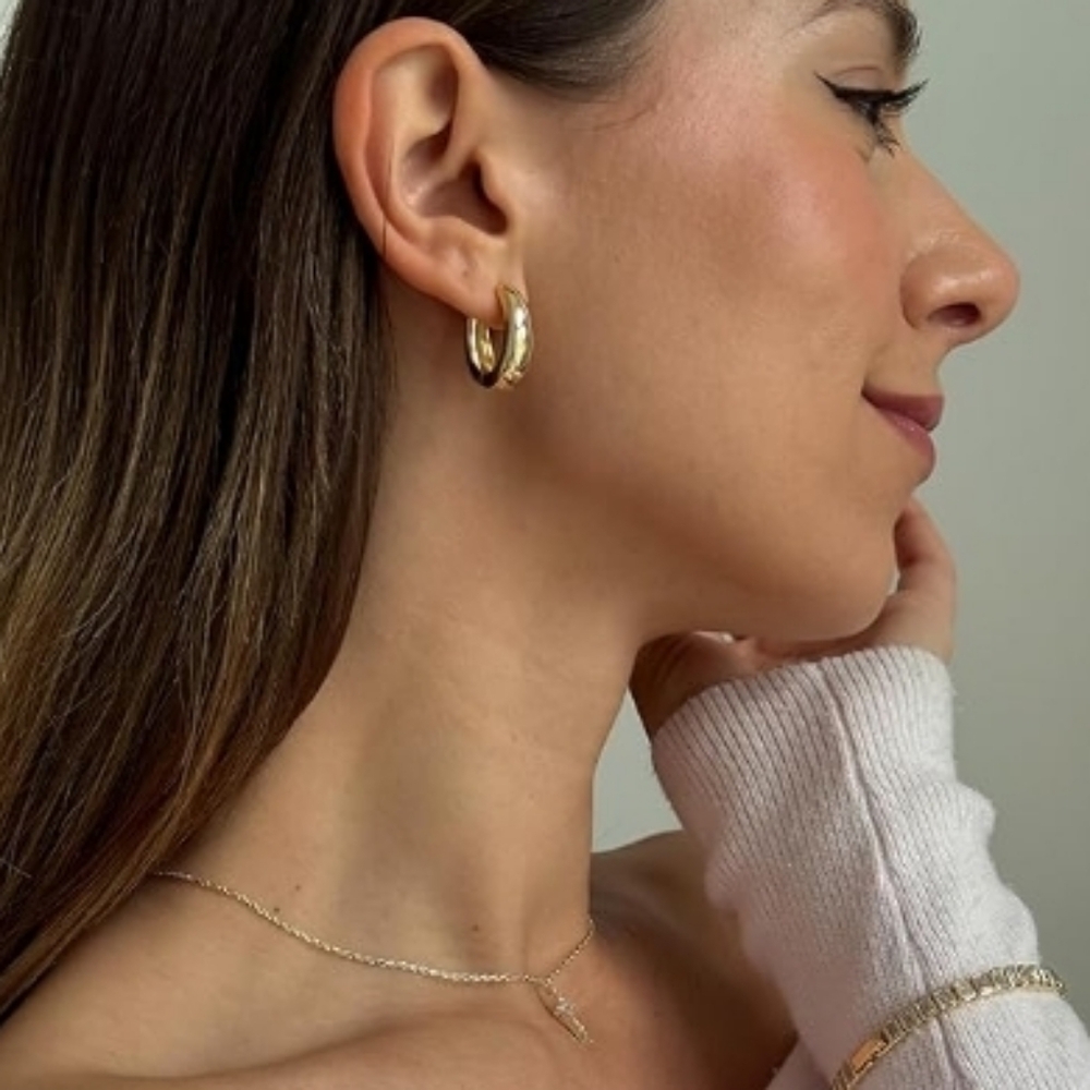 14K White Gold Plated 925 Sterling Silver Post Chunky Hoop Earrings - Picture 3 of 6